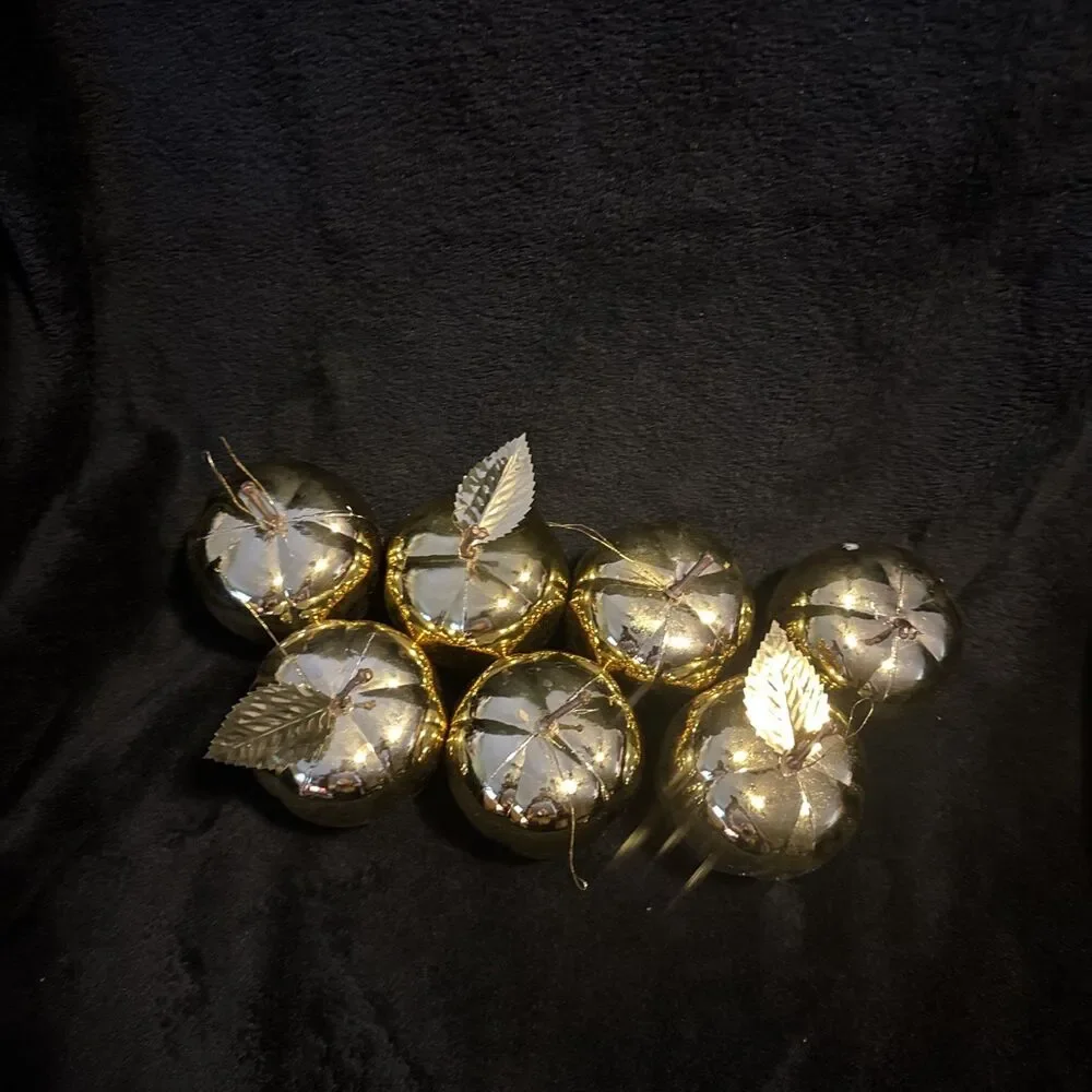 Vintage 70s Set Of 7 Plastic Gold Apple Ornaments
